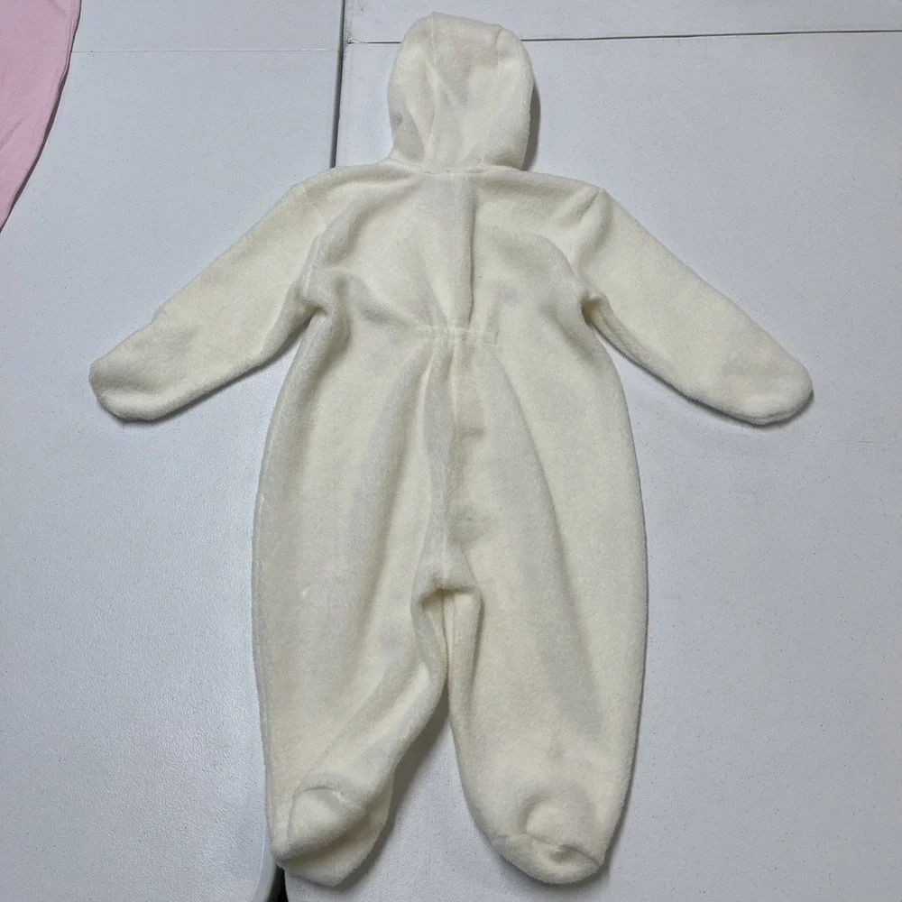McBaby Fleece One‎ Piece Ivory Embroidered Teddy Bear Blue Trim Hooded Size 6-9M